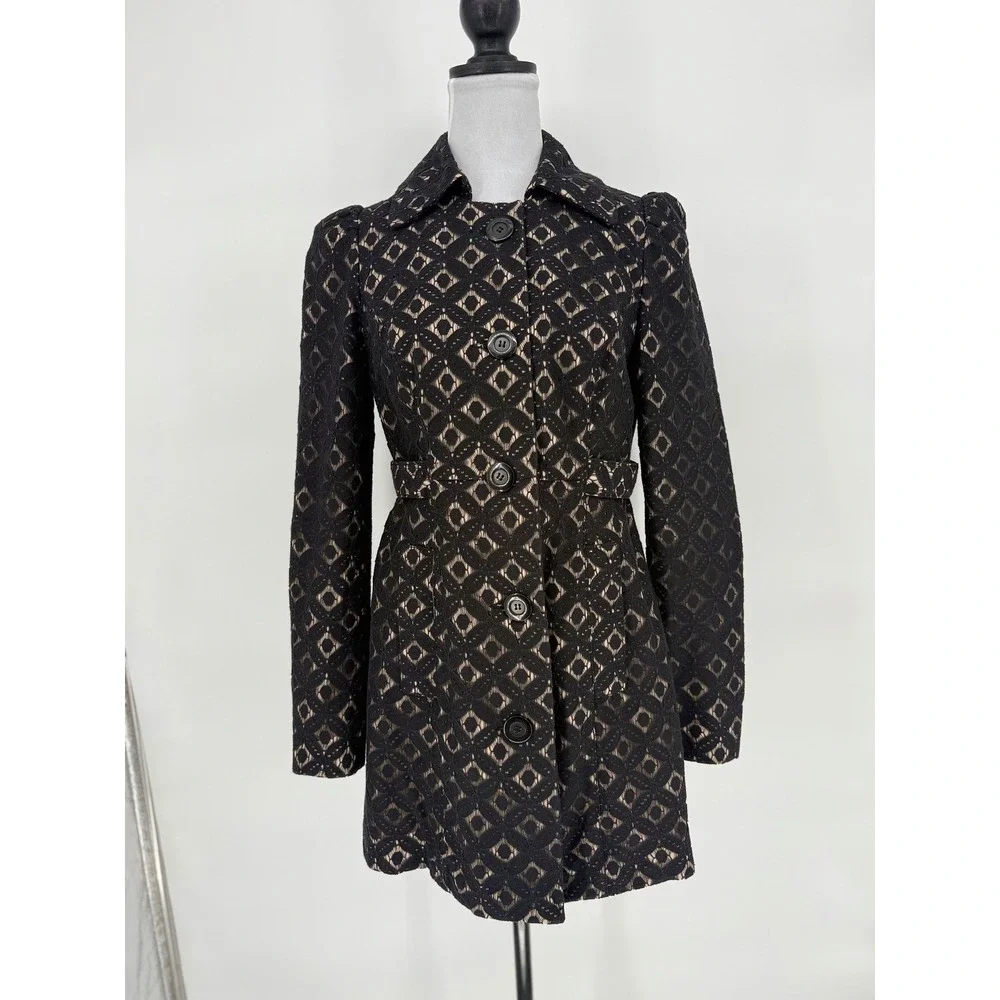 INC‎ Black Cotton Geometric Lace Trench Coat Womens Small Classic Feminine